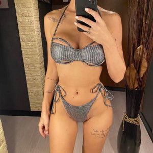 Costum de baie 2 piese metalizat, sutien cu decupaje si slip reglabil, argintiu #BB2109 - Img 5