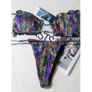 Costum de baie 2 piese sidefat, sutien fara bretele si slip reglabil, mov/ multicolor #BB2174 - Img 9