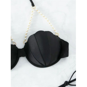 Costum de baie 2 piese, sutien cu push-up si perle albe decorative, slip brazilian reglabil, negru #BB2066 - Img 5