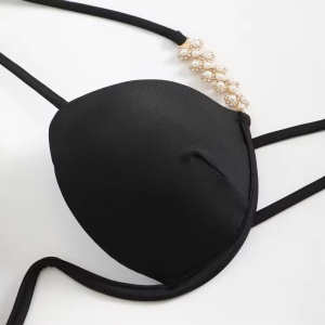 Costum de baie 2 piese, sutien cu sârmă, decupaje și perle decorative, negru #BB2099 - Img 9