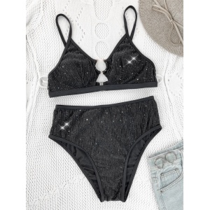 Costum de baie 2 piese texturat, cu insertii de sclipici si slip cu talie inalta, negru #BB2051 - Img 3