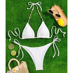 Costum de baie 2 piese texturat, cu slip reglabil si perle decorative, alb #BB2070 - Img 3