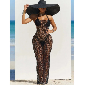 Costum de baie 3 piese cu rochie lunga crosetata, cu spatele gol, slip tanga, negru #BB2013 - Img 5