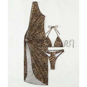 Costum de baie 3 piese cu rochie pe un umar, slip tanga, imprimeu leopard, negru/ maro #BB2300 - Img 4