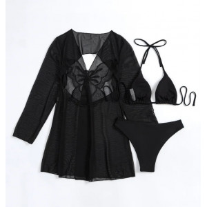 Costum de baie 3 piese, halat din voal cu decupaj la spate si fluture brodat decorativ, negru #BB2350 - Img 10
