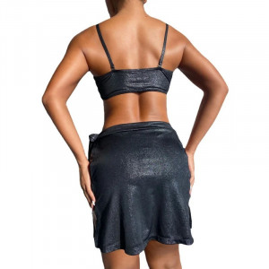 Costum de baie 3 piese metalizat, fusta cu decupaj lateral, sutien tip bustiera, negru #BB2371 - Img 2