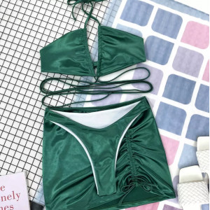 Costum de baie 3 piese satinat cu fusta scurta si slip brazilian, verde #BB2406 - Img 11