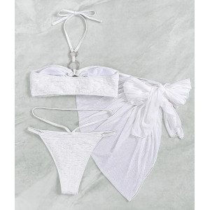 Costum de baie 3 piese texturat, cu esarfa, sutien cu cercuri metalice si prindere dupa gat, alb #BB2336 - Img 4