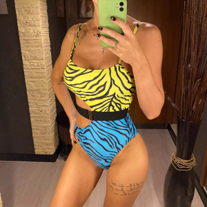 Costum de baie intreg cu decupaj, curea decorativa, imprimeu zebra, albastru/ verde neon #BB1170 - Img 5