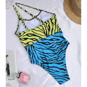 Costum de baie intreg cu decupaj, curea decorativa, imprimeu zebra, albastru/ verde neon #BB1170 - Img 9