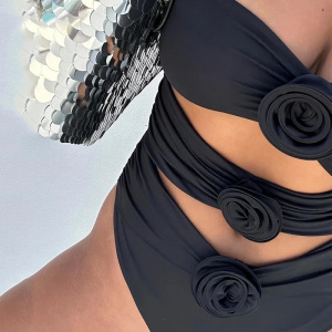 Costum de baie intreg fara bretele, cu decupaje si trandafiri decorativi, negru #BB1165 - Img 7