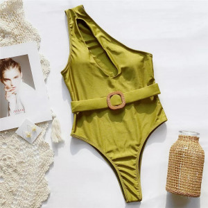 Costum de baie intreg sidefat pe un umar, curea decorativa detasabila, verde khaki #BB1001 - Img 8