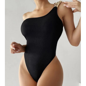 Costum de baie intreg tanga, ridat, pe un umar, cu lant auriu decorativ, negru #BB1177 - Img 3