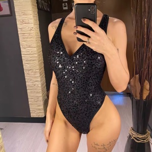 Costum de baie intreg texturat cu paiete în față și spatele gol, negru #BB1201 - Img 9