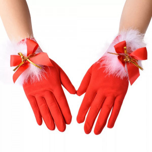 Manusi scurte rosii cu tematica de Craciun, puf alb si fundite decorative #BB4389