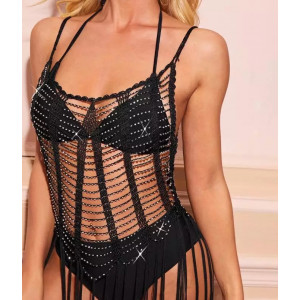 Rochie de plaja midi crosetata fin cu franjuri lungi si strasuri argintii, negru #BB1104 - Img 6
