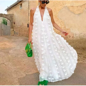 Rochie lunga de plaja vaporoasa, oversize, cu spatele gol si broderie in relief, alb #BB1022 - Img 1