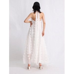 Rochie lunga de plaja vaporoasa, oversize, cu spatele gol si broderie in relief, alb #BB1022 - Img 9