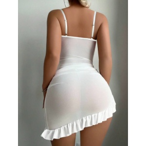 Rochie sexy de noapte din dantela fina, brodata in partea de sus, alb, 2 piese #BB4081 - Img 3