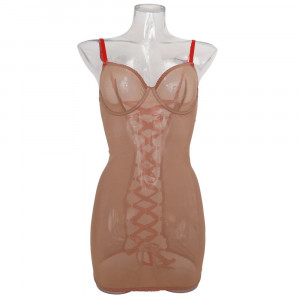 Rochie sexy de noapte din dantela fina elastica cu snur reglabil la spate, nude/rosu #BB4284 - Img 14