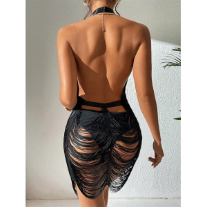 Rochie sexy scurta de plaja din franjuri, cu decolteu adanc si spatele gol, negru #BB1133 - Img 3