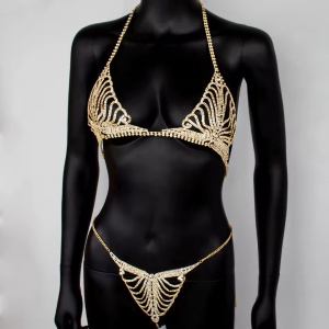 Set body chain sutien si slip cu cristale transparente si lanturi, auriu, 2 piese #BB4506 - Img 7
