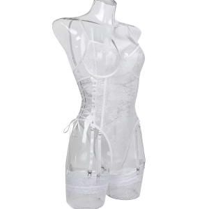 Set lenjerie intima sexy din dantela, body cu snururi laterale si ciorapi plasa inalti, alb, 2 piese #BB4300 - Img 16