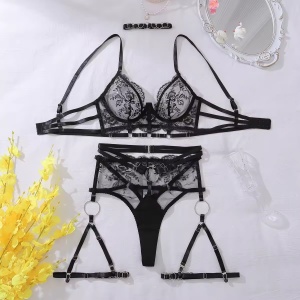 Set lenjerie intima sexy din dantela brodata , negru, 3 piese #BB4758 - Img 7