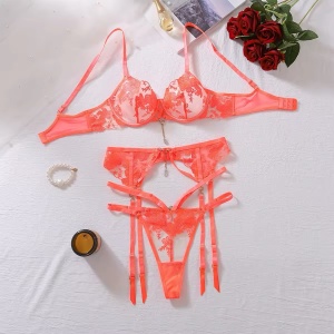 Set lenjerie intima sexy din dantela brodata si elemente metalice decorative, portocaliu corai, 3 piese #BB4122 - Img 11