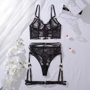Set lenjerie intima sexy din dantelă, chilot cu talie înaltă și portjartier, negru, 3 piese #BB4736 - Img 2