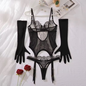 Set lenjerie intima sexy din dantelă cu broderie și mănuși lungi , negru, 3 piese #BB4751 - Img 8