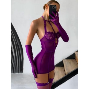 Set lenjerie intima sexy din dantela cu rochie, chilot si ciorapi, mov, 3 piese #BB4496 - Img 7
