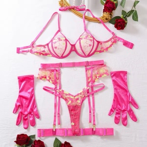 Set lenjerie intima sexy din dantela fina brodata, inimioare decorative si manusi, roz neon, 6 piese #BB4713 - Img 10