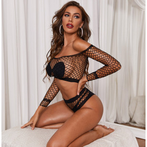 Set lenjerie intima sexy din plasa elastica, cu bluza si chilot, negru, 2 piese #BB4366 - Img 5