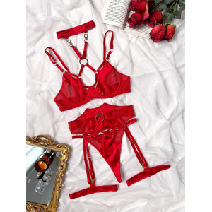 Set lenjerie intima sexy din satin si plasa, elemente metalice, rosu, 4 piese #BB4399 - Img 9