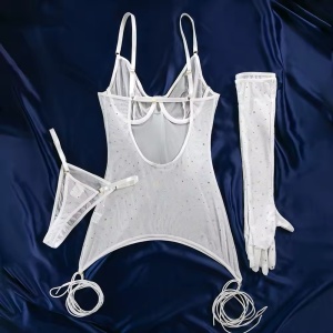 Set lenjerie intima sexy elastica cu cristale decorative si manusi lungi, alb, 3 piese #BB4628 - Img 8