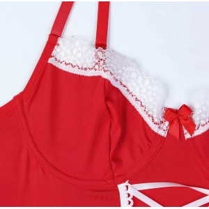 Set lenjerie intima sexy tematica menajera din dantela fina elastica cu ciorapi plasa, rosu/ alb, 4 piese #BB4175 - Img 13