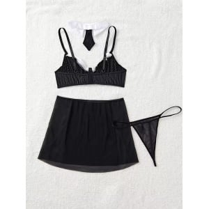 Set lenjerie intima sexy tematica studenta cu fusta si cravata, negru, 4 piese #BB4430 - Img 9