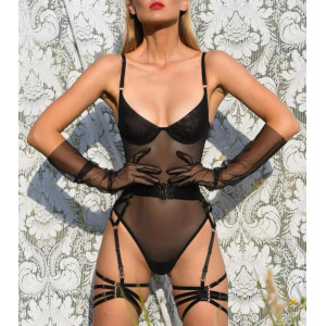 Set lenjerie sexy cu body din dantela fina si manusi, negru, 4 piese #BB4583 - Img 5