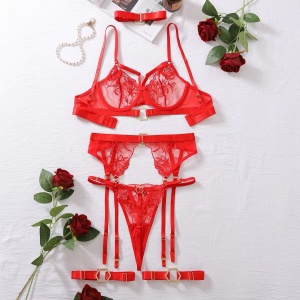 ❗️Super oferta❗️Set lenjerie intima sexy din dantela cu elemente metalice aurii, rosu, 5 piese #BB4594 - Img 10