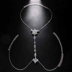 Body chain pentru bust din cristale transparente si lanturi argintii #BB4162 - Img 2