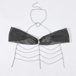 Body chain tip bustiera cu lanturi si cristale, negru #BB4049 - Img 8