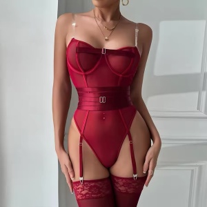 Body sexy cu bretele transparente si accesoriu talie cu prindere portjartier, visiniu, 3 piese #BB4561 - Img 5