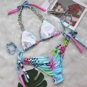 Costum de baie 2 piese animal print cu cristale decorative si slip brzilian, multicolor #BB2544 - Img 4