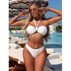 Costum de baie 2 piese cu cataramă metalică și funda decorativă la slip , alb #BB2187 - Img 6
