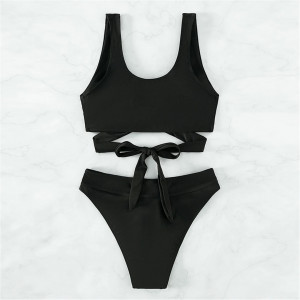 Costum de baie 2 piese cu catarame metalice aurii la slip si sutien, negru #BB2227 - Img 9