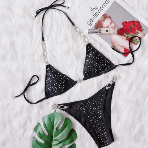 Costum de baie 2 piese cu cristale si aceesorii metalice decorative, negru #BB2067 - Img 5