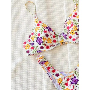 Costum de baie 2 piese cu imprimeu floral, slip inalt pe solduri, multicolor #BB2499 - Img 9