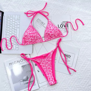 Costum de baie 2 piese cu imprimeu leopard si slip reglabil, roz/ roz neon #BB2558 - Img 4
