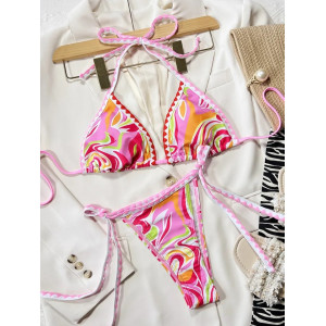 Costum de baie 2 piese cu imprimeu multicolor si slip reglabil, roz #BB2448 - Img 4